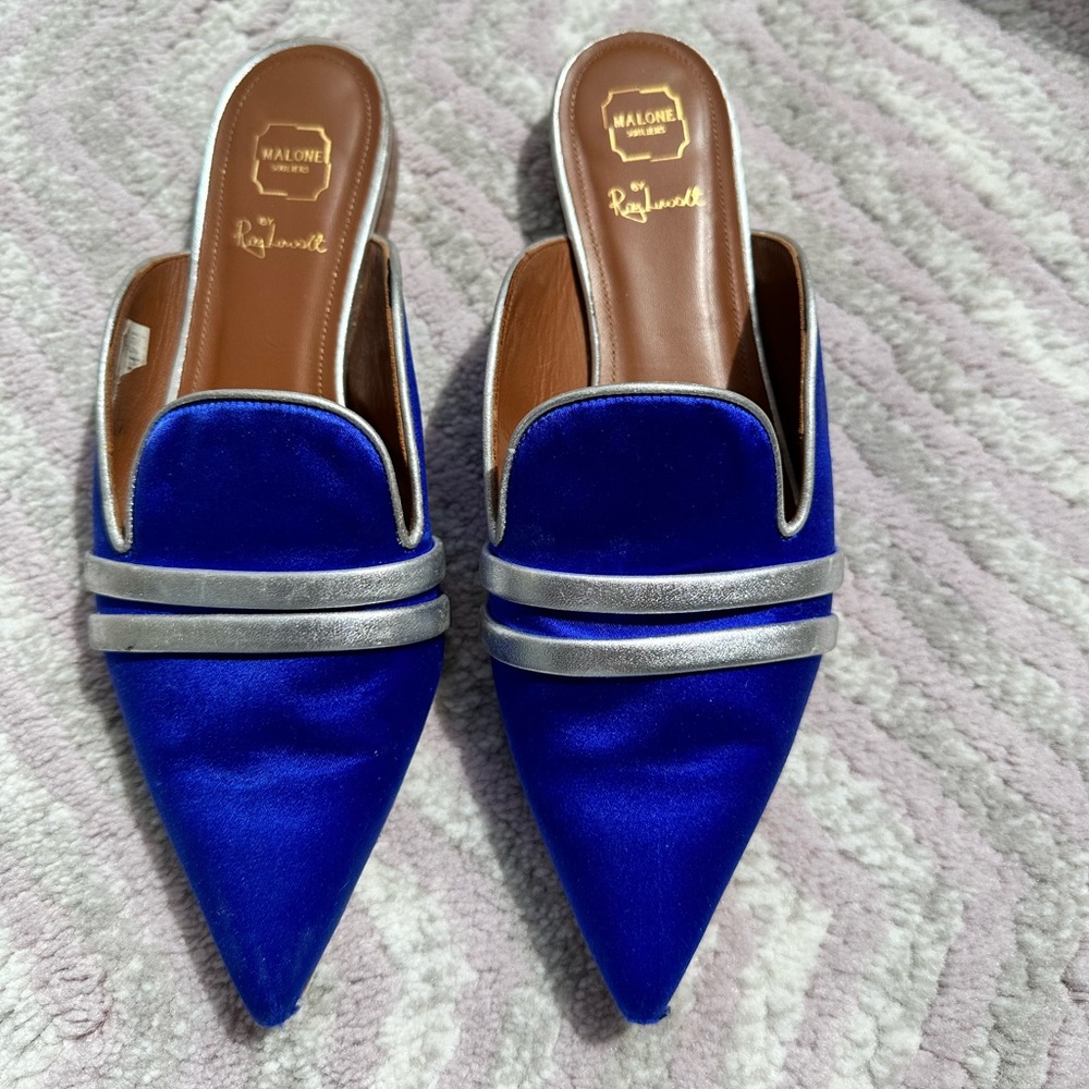 Malone Souliers Royal Blue Satin and leather Mules with Silver Linings sz 35.5